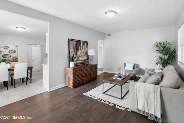 living room featuring hardwood / wood-style floors and a textured ceiling