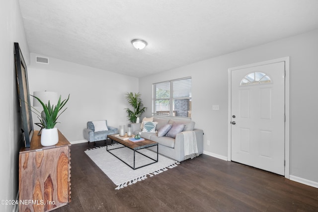 living room with a textured ceiling and dark wood-type flooring