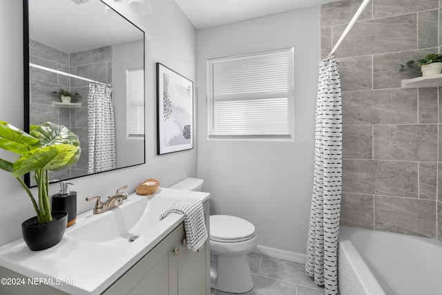 full bathroom with tile patterned floors, vanity, toilet, and shower / tub combo with curtain