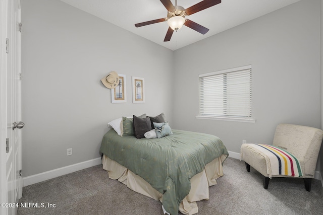 bedroom featuring carpet flooring, ceiling fan, and lofted ceiling