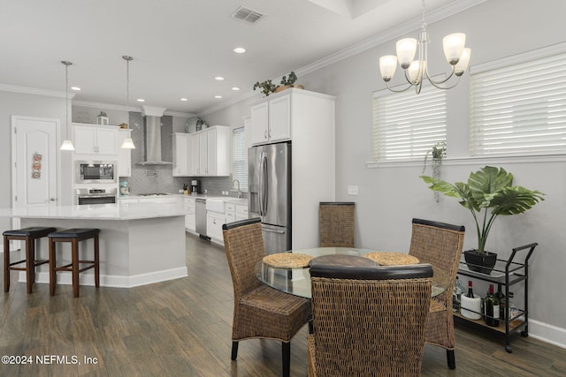 dining room featuring crown molding, sink, a chandelier, and dark hardwood / wood-style floors