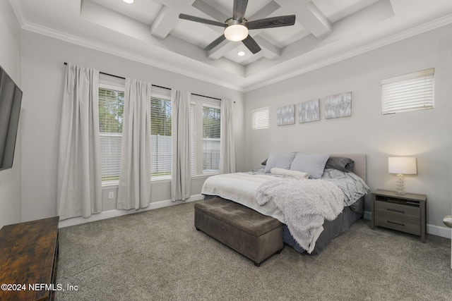 carpeted bedroom featuring beamed ceiling, ornamental molding, ceiling fan, and coffered ceiling