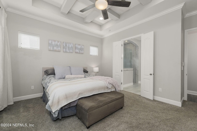 carpeted bedroom with ceiling fan, beamed ceiling, and ornamental molding