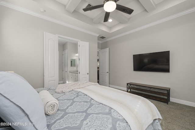 bedroom with ensuite bath, ceiling fan, carpet floors, and ornamental molding