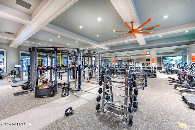 workout area featuring carpet and coffered ceiling