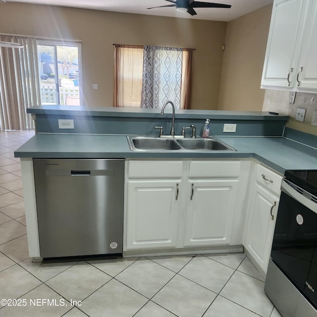 kitchen featuring a ceiling fan, white cabinetry, a peninsula, a sink, and stainless steel dishwasher