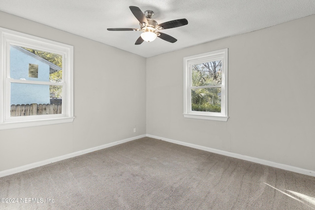 carpeted empty room with a wealth of natural light, ceiling fan, and a textured ceiling