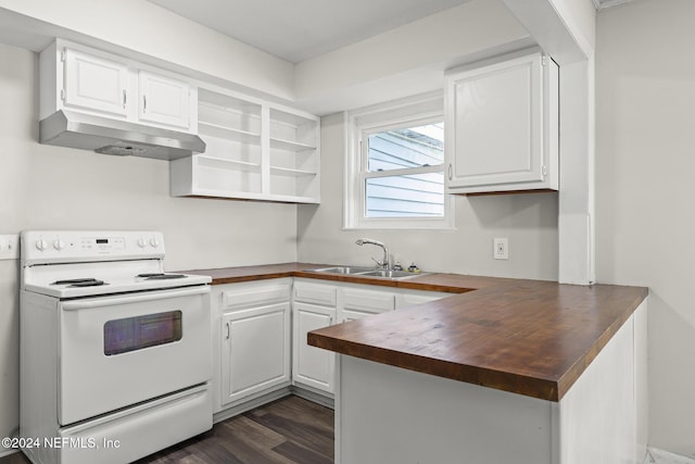 kitchen featuring sink, dark wood-type flooring, wooden counters, white range with electric cooktop, and white cabinets