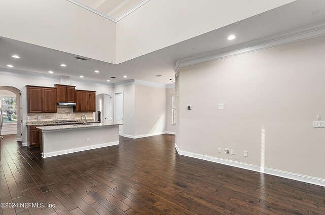 kitchen featuring sink, crown molding, dark hardwood / wood-style flooring, and a kitchen island with sink