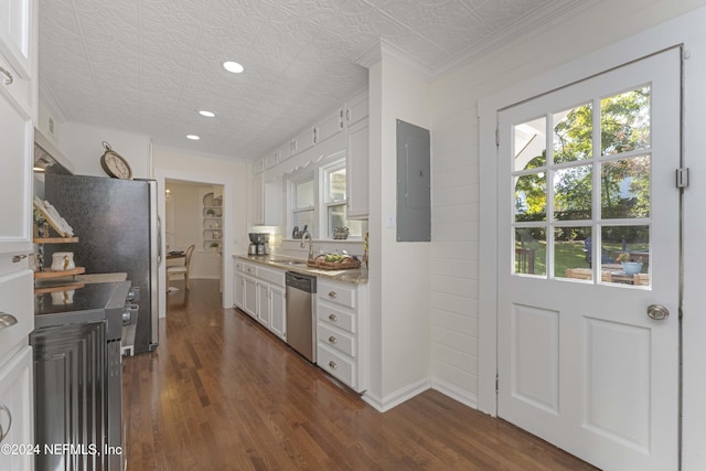 kitchen with electric panel, white cabinetry, stainless steel appliances, and dark hardwood / wood-style floors