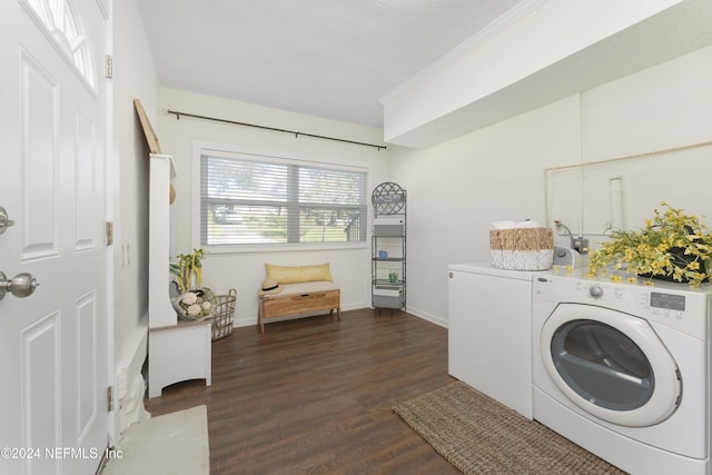 laundry room featuring dark hardwood / wood-style flooring, washer and clothes dryer, and ornamental molding