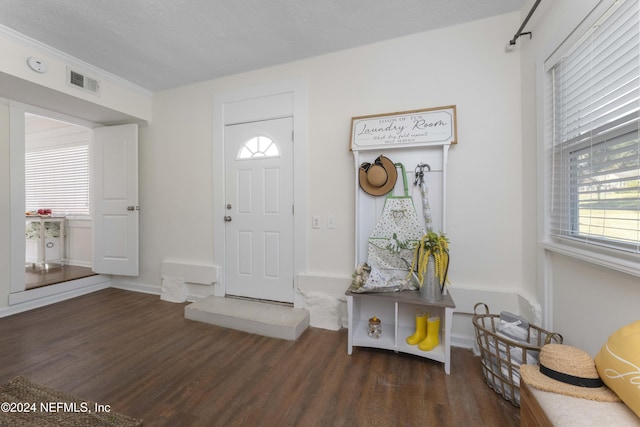 entrance foyer with a textured ceiling and dark wood-type flooring