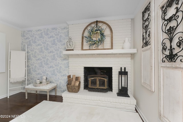 living room with dark hardwood / wood-style floors and ornamental molding