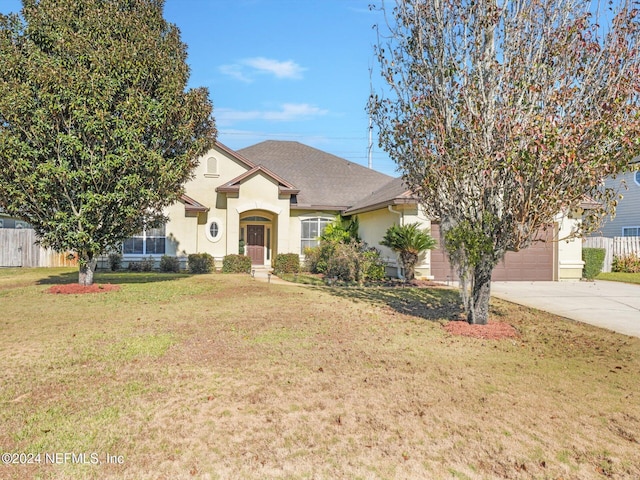 view of front facade with a front yard and a garage