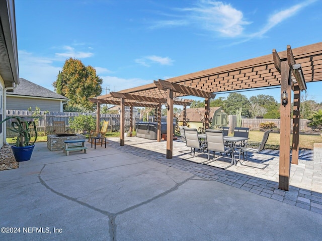 view of patio featuring a pergola and a hot tub