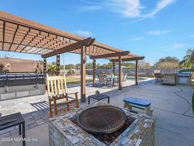 view of patio with a fenced in pool, a pergola, and an outdoor bar