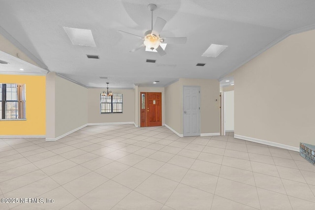 130 Jack Oak Dr, Melrose, FL 32666 - unfurnished living room with vaulted ceiling, visible vents, baseboards, and ceiling fan with notable chandelier