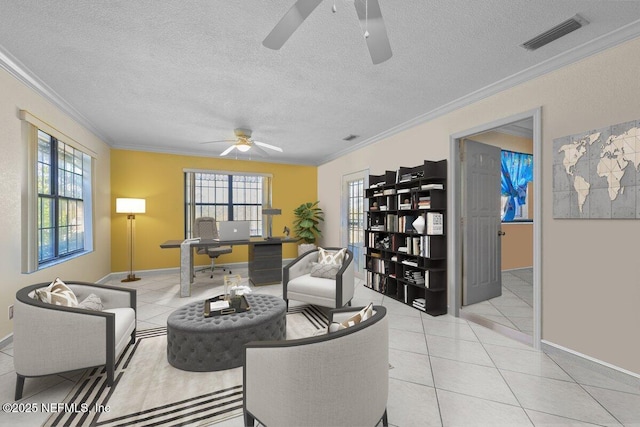 130 Jack Oak Dr, Melrose, FL 32666 - living area with visible vents, light tile patterned floors, crown molding, baseboards, and ceiling fan
