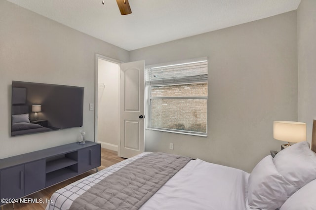 bedroom featuring ceiling fan and dark hardwood / wood-style flooring