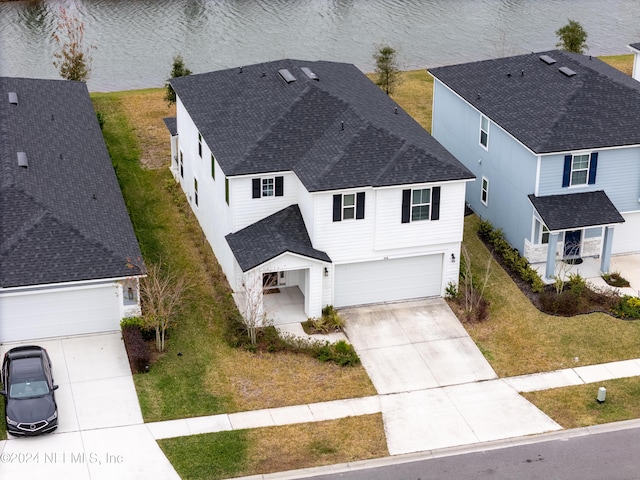 bird's eye view featuring a water view