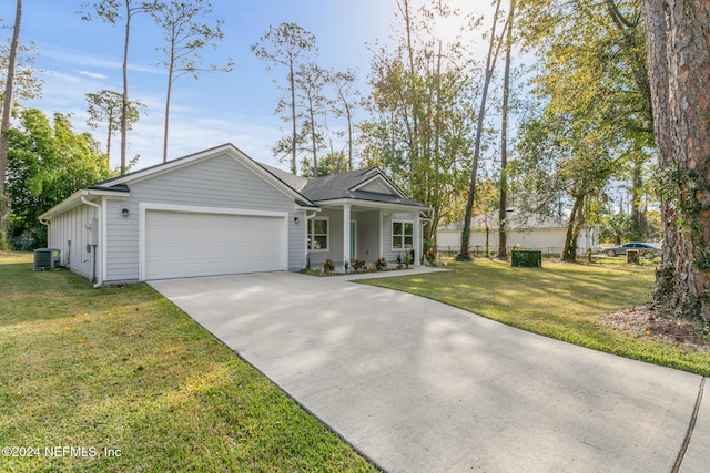 ranch-style house with covered porch, a garage, central air condition unit, and a front yard