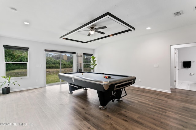 game room with hardwood / wood-style floors, ceiling fan, and pool table