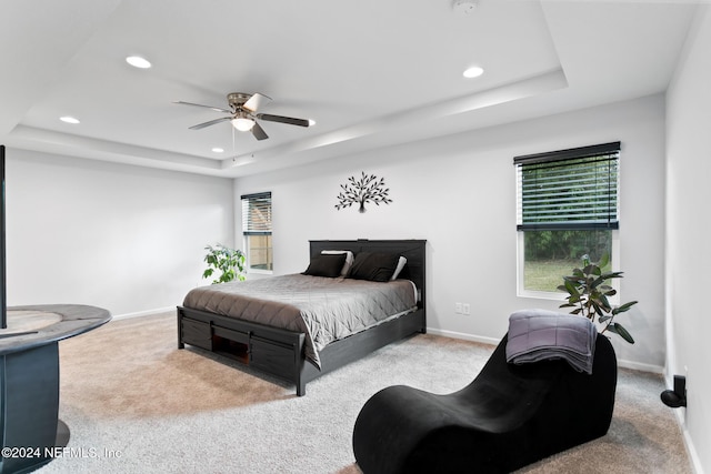 carpeted bedroom with a raised ceiling and ceiling fan