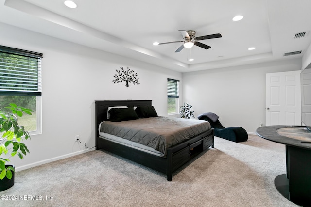 carpeted bedroom featuring a tray ceiling, multiple windows, and ceiling fan