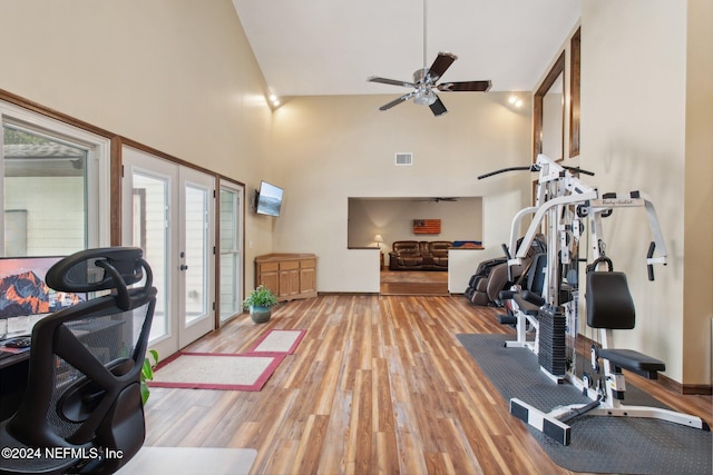 workout area featuring french doors, ceiling fan, and a wealth of natural light