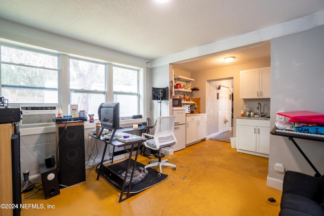 home office with a textured ceiling and sink