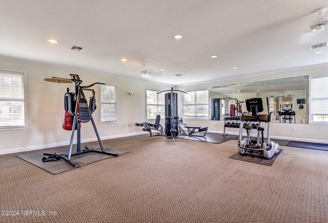 workout area with carpet floors and ornamental molding