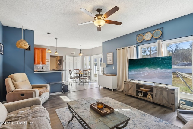 living room with ceiling fan, dark hardwood / wood-style flooring, and a textured ceiling