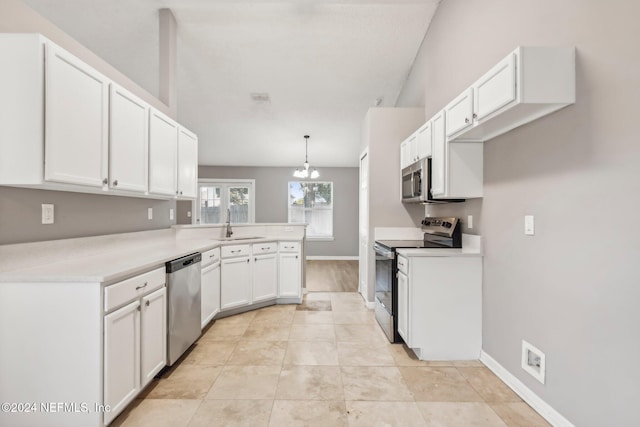 kitchen featuring pendant lighting, sink, white cabinetry, kitchen peninsula, and stainless steel appliances