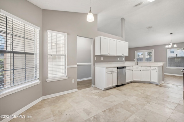 kitchen with white cabinets, decorative light fixtures, and stainless steel dishwasher