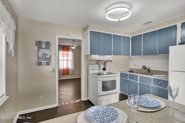 kitchen with backsplash, white appliances, blue cabinets, ceiling fan, and sink