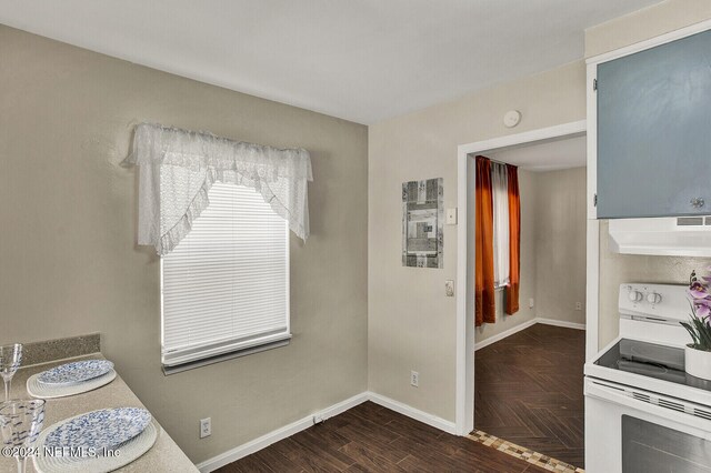 interior space with dark parquet floors, ventilation hood, and white range with electric stovetop