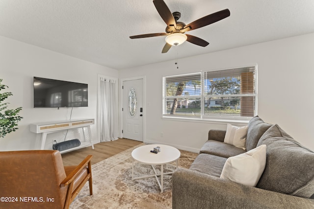 living room with ceiling fan and light wood-type flooring