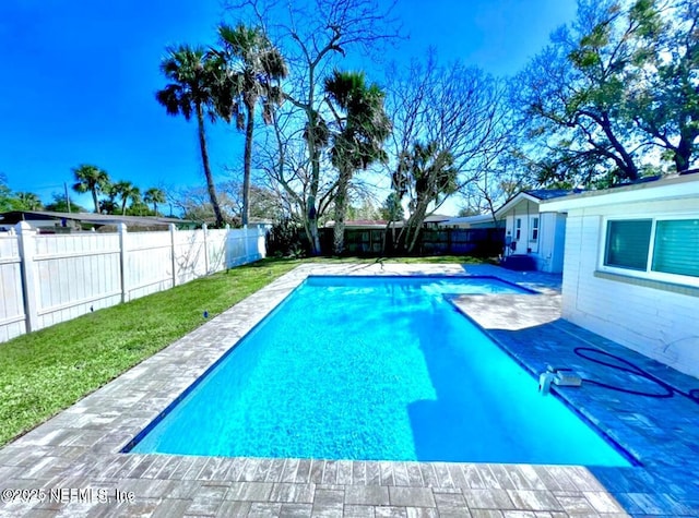 view of pool featuring a patio and a yard