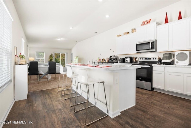 kitchen with lofted ceiling, white cabinets, dark hardwood / wood-style floors, a kitchen island, and stainless steel appliances