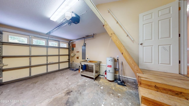 garage with electric panel and a garage door opener