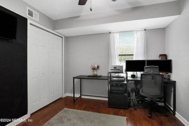 home office featuring ceiling fan and dark wood-type flooring