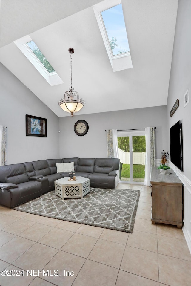 tiled living room featuring high vaulted ceiling