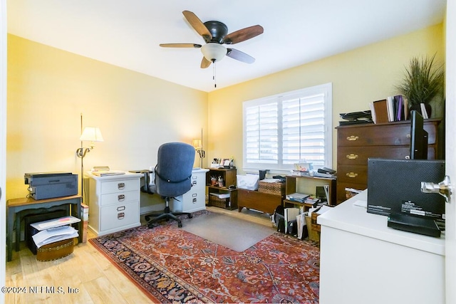 office with ceiling fan and light hardwood / wood-style floors