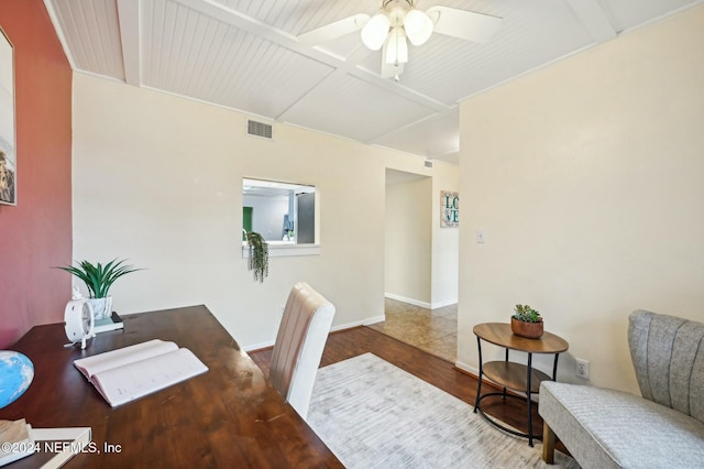 office with ceiling fan, hardwood / wood-style floors, and beamed ceiling