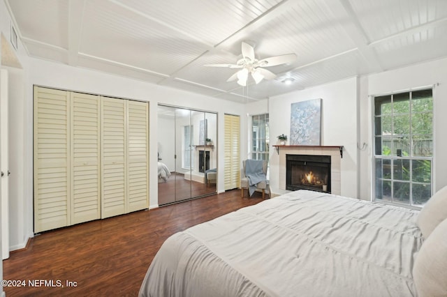 bedroom featuring dark hardwood / wood-style flooring, ceiling fan, and multiple closets