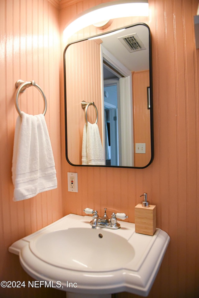 bathroom with sink and wooden walls