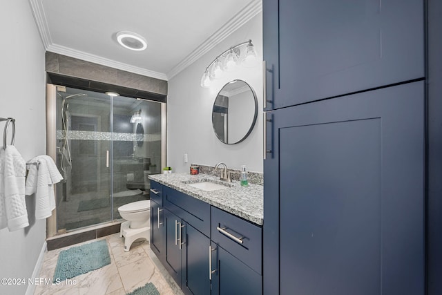 bathroom featuring walk in shower, crown molding, vanity, and toilet