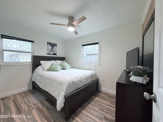 bedroom with multiple windows, ceiling fan, wood-type flooring, and a textured ceiling