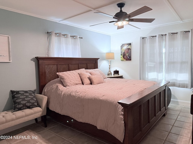 bedroom with tile patterned flooring, ceiling fan, and crown molding