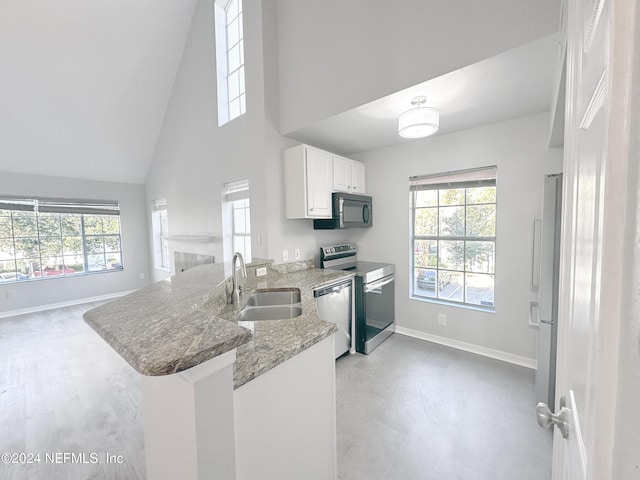 kitchen featuring kitchen peninsula, appliances with stainless steel finishes, sink, high vaulted ceiling, and white cabinets